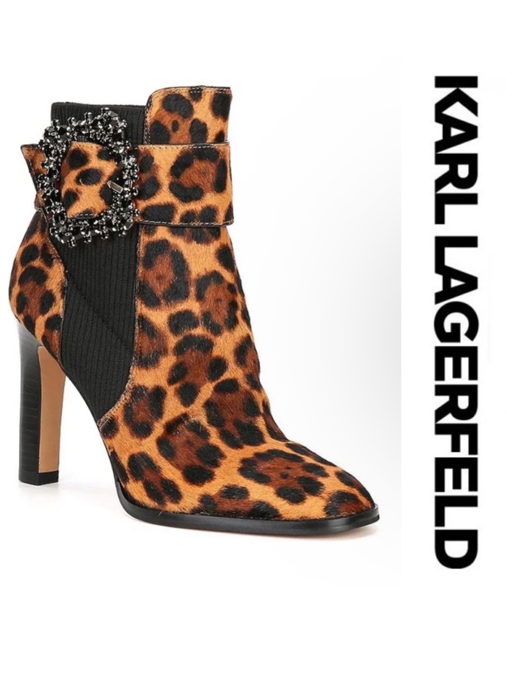 Karl Lagerfeld Leopard-Print Ankle Boot with Jeweled Buckle - Brown/Black